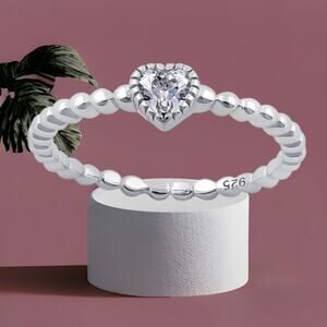 Sterling Silver Beaded Clear Heart CZ Ring 6,7